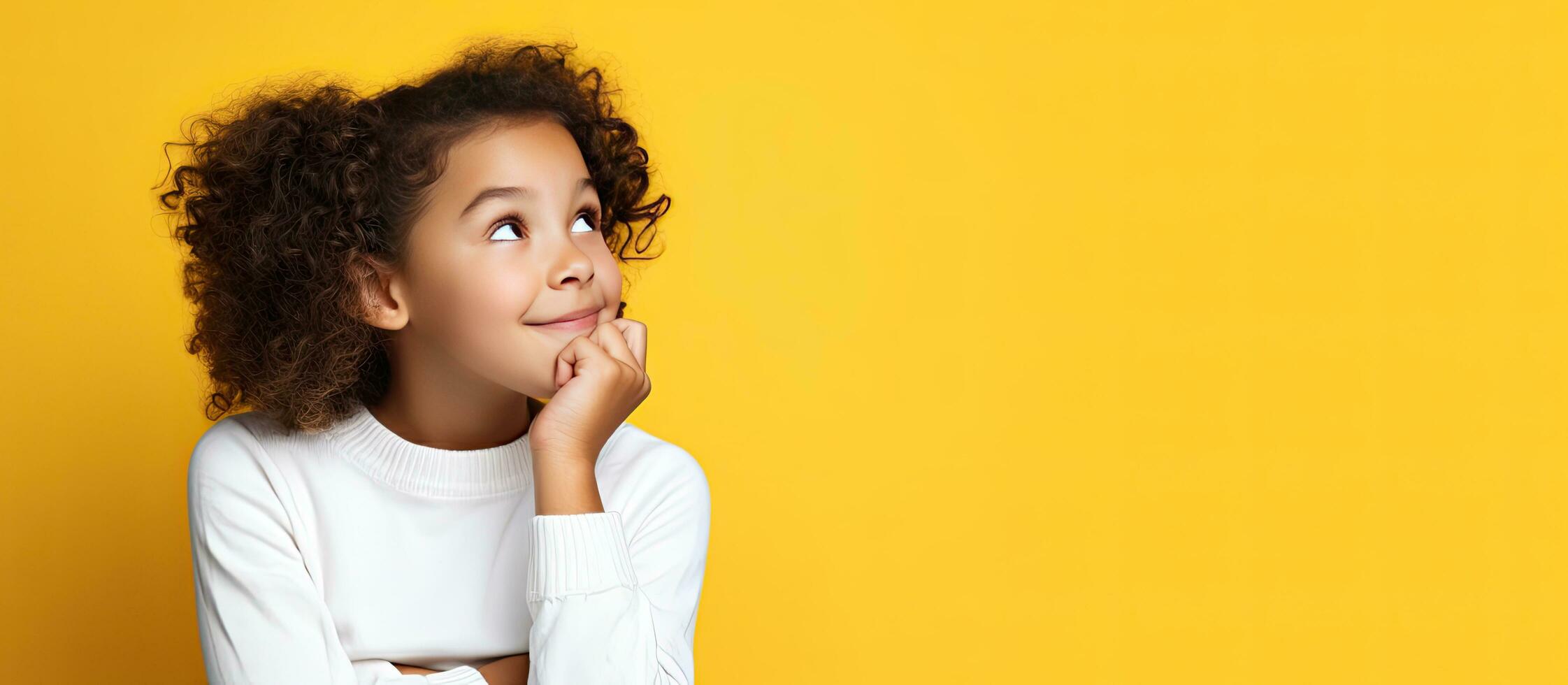 Cute Caucasian girl in a white shirt on a yellow background looking at ads photo