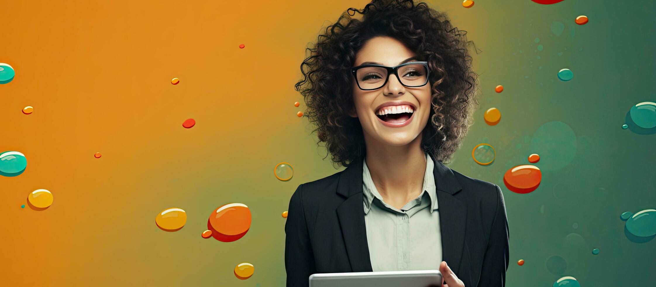 Happy businesswoman holding a tablet with mock text bubbles Concept of online communication and consulting photo