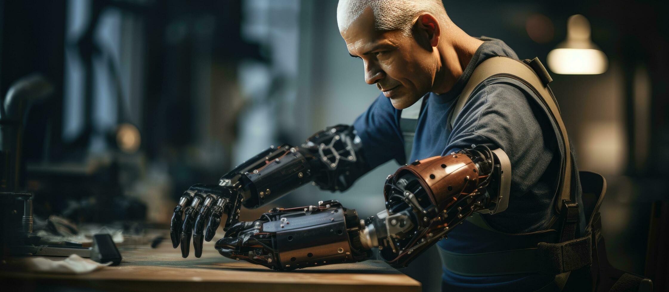 Senior man assembling arm prosthetics and wiring in workshop copy space photo