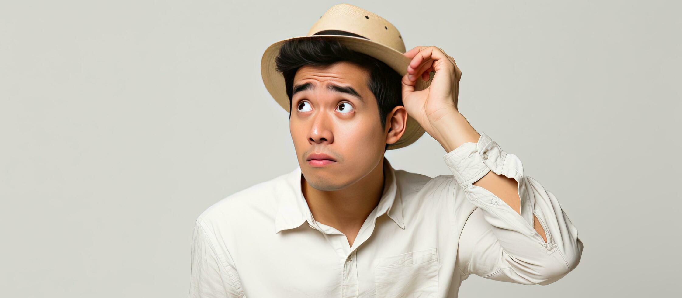 Young Indonesian man wearing a traditional hat looks puzzled and examines empty space white background photo