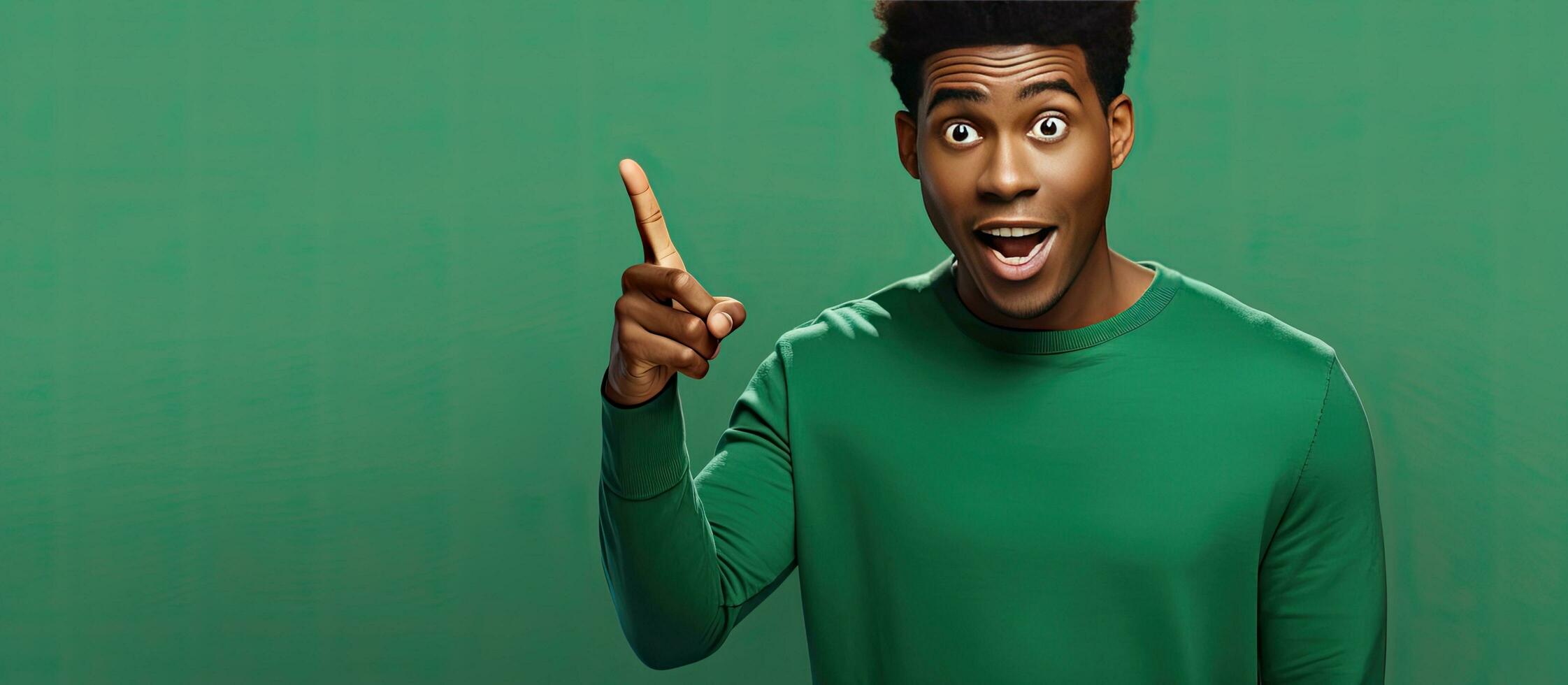 Surprised African American millennial man and casual woman pointing finger on blank space isolated on green background Positive reaction to news emotions photo