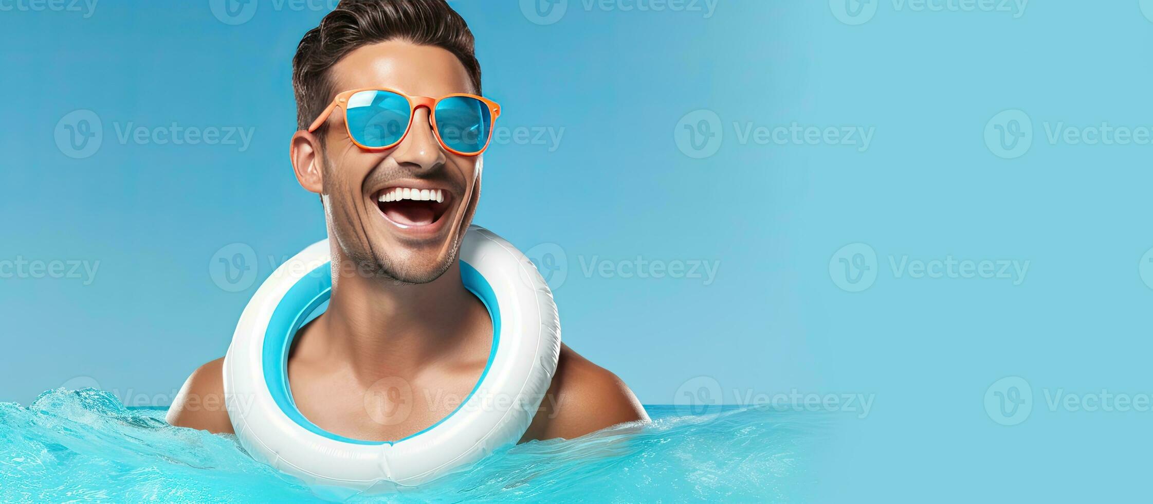 Smiling man promotes summer product wearing sunglasses and T shirt with inflatable circle around his neck Web banner photo