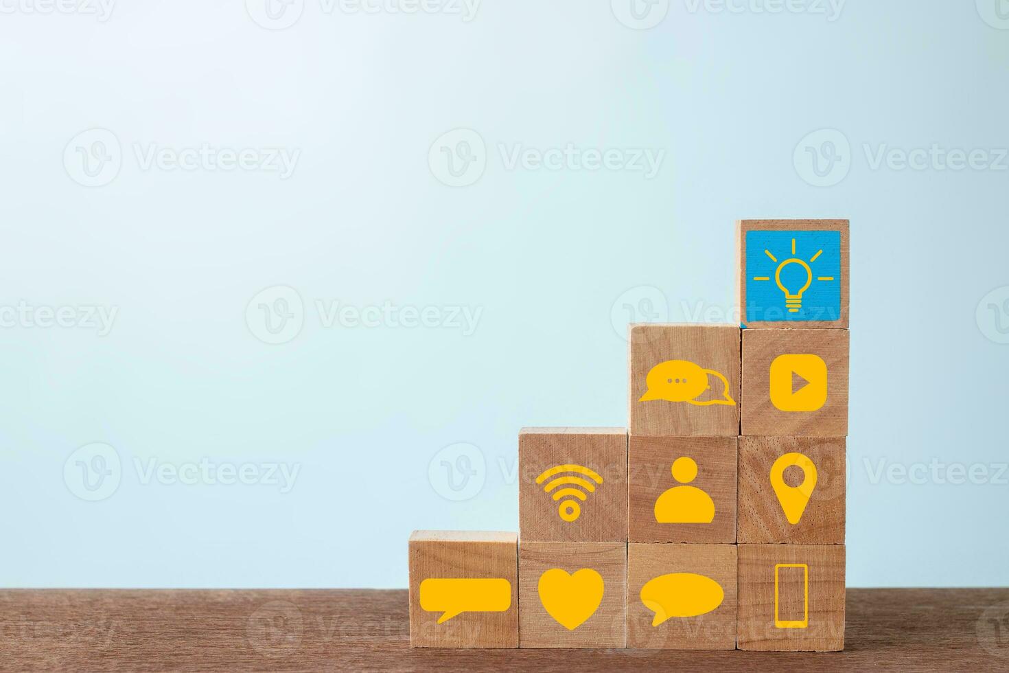 Wood cube block with social media on wooden table. Social media and success concept photo
