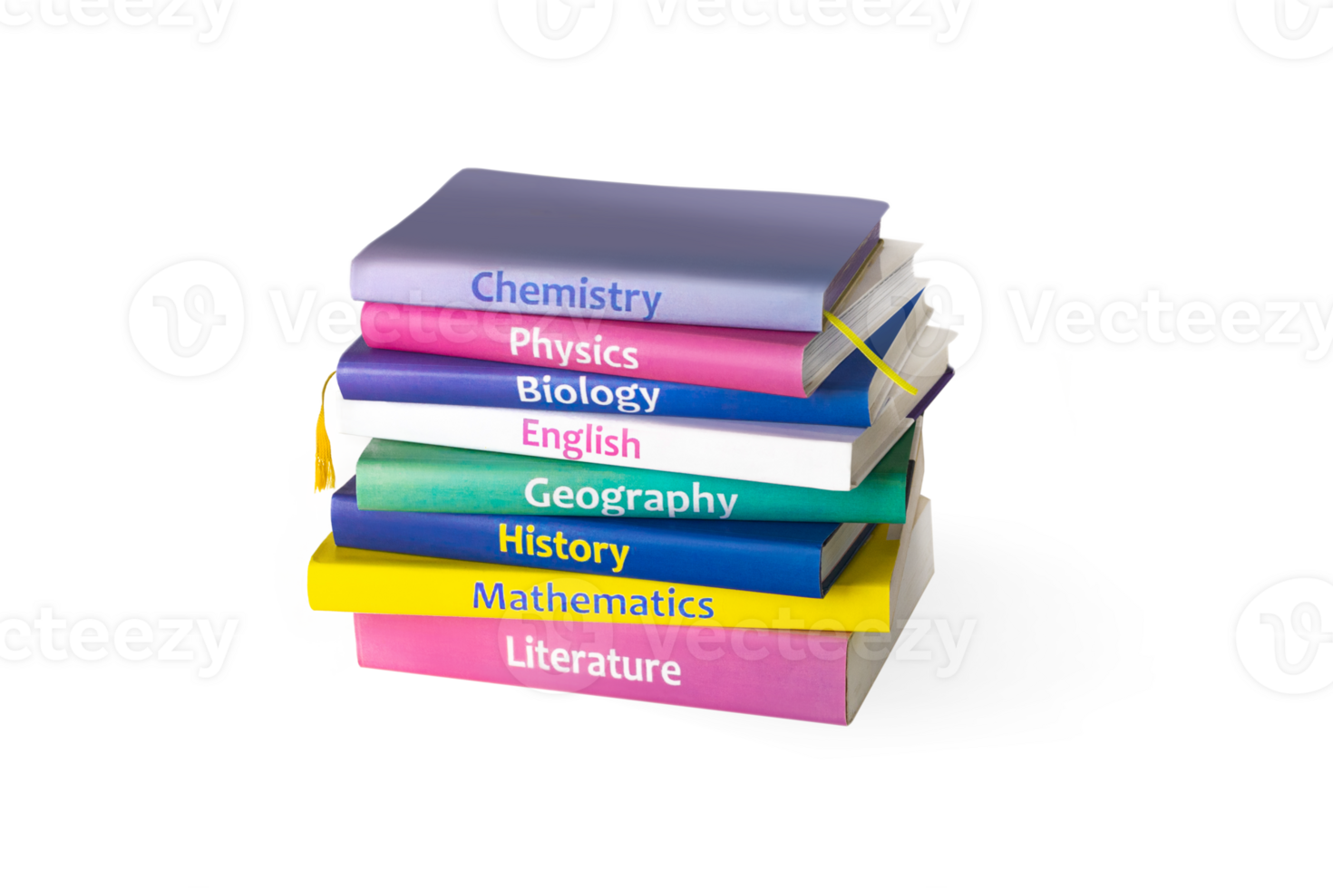 School colourfull textbooks isolated on invisible background. Basic school subjects mathematics, literature, physic,s chemistry png
