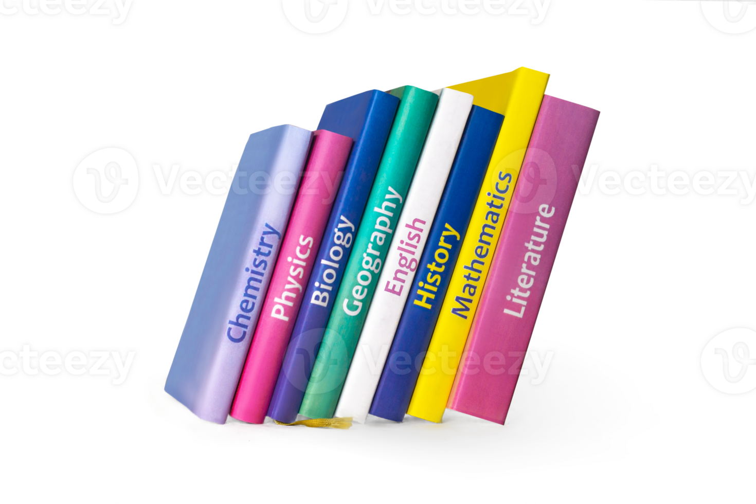 School colourfull textbooks isolated on white background. Books are on the shelf. Basic school subjects mathematics, literature, physic,s chemistry png