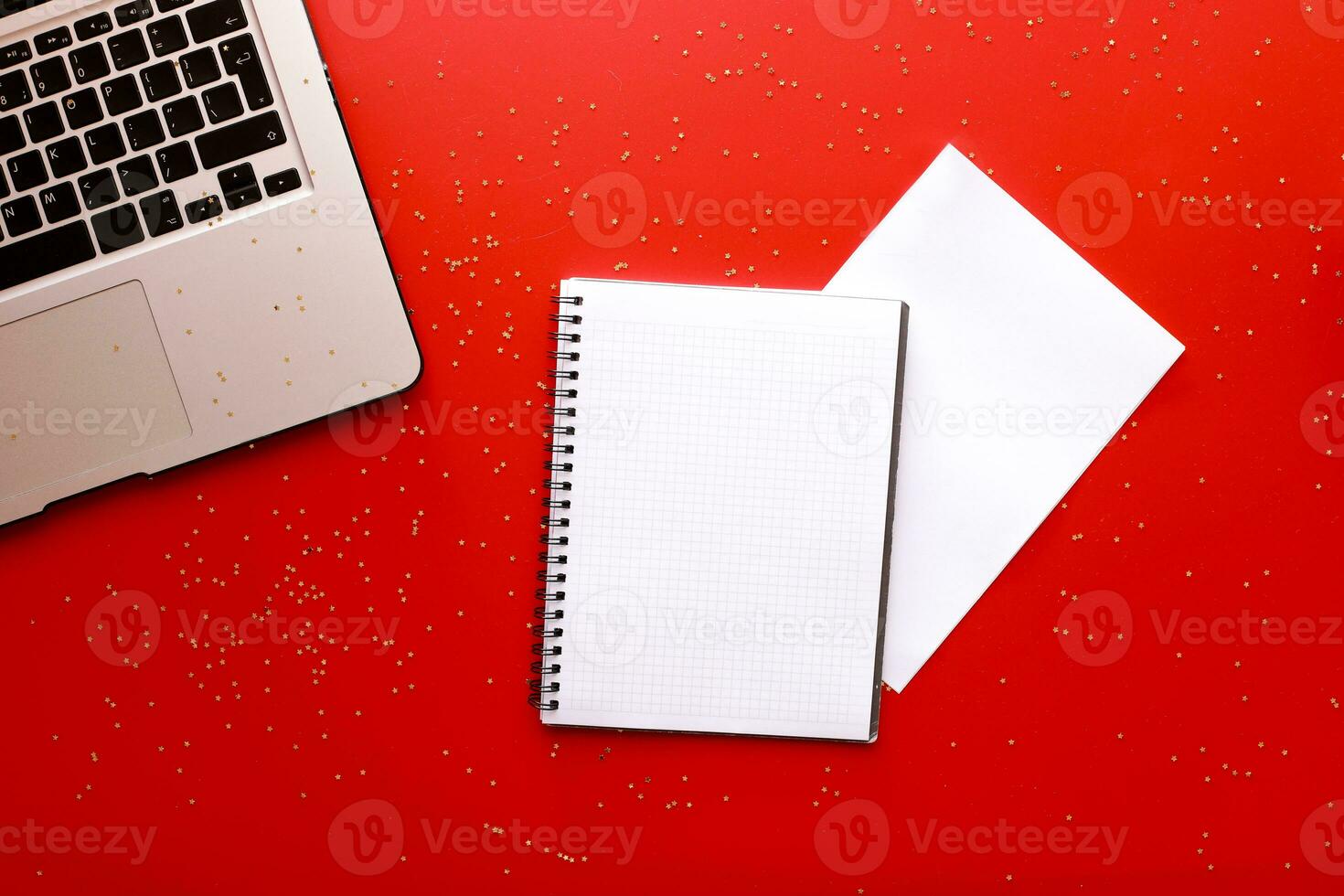 Mockup notebook on a red background. Shopping list. Glitter photo