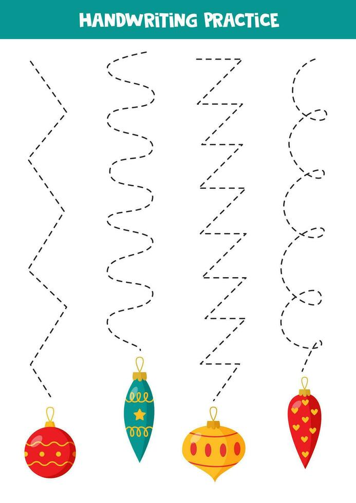 Tracing lines for kids. Cute Christmas balls. Handwriting practice. vector