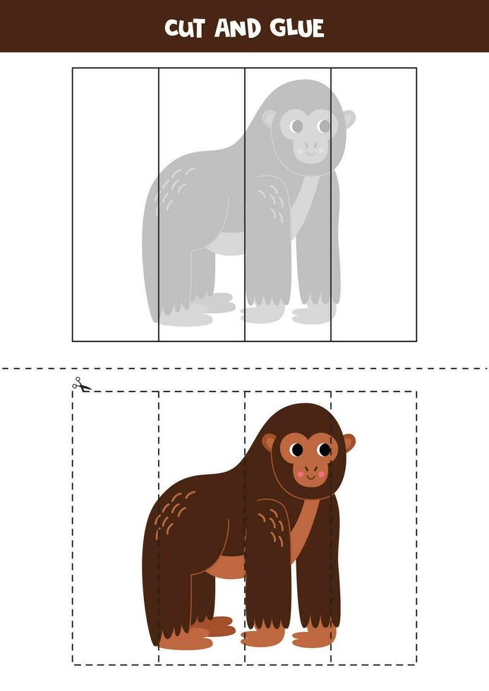 Cut and glue game for kids. Cute cartoon brown gorilla. vector