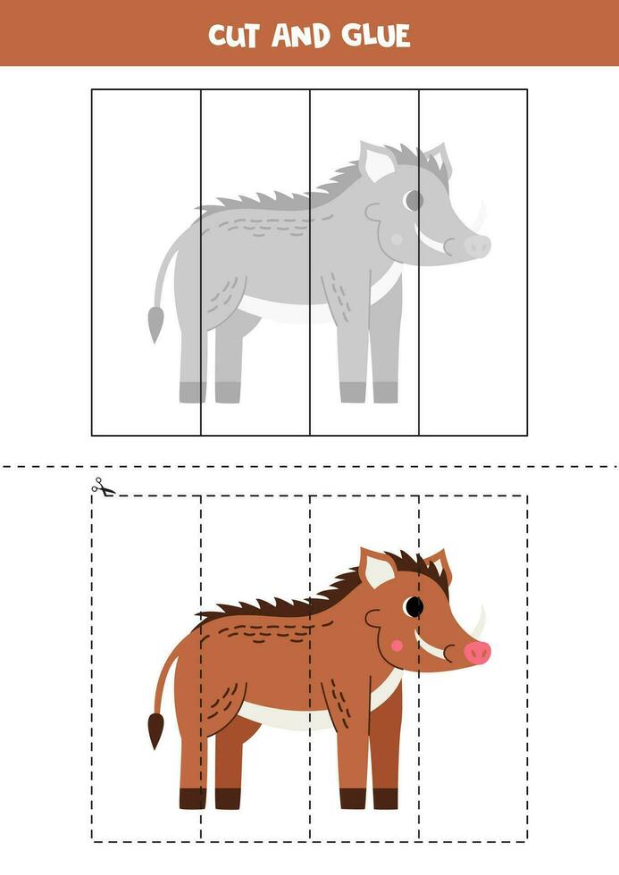 Cut and glue game for kids. Cute cartoon brown warthog. vector