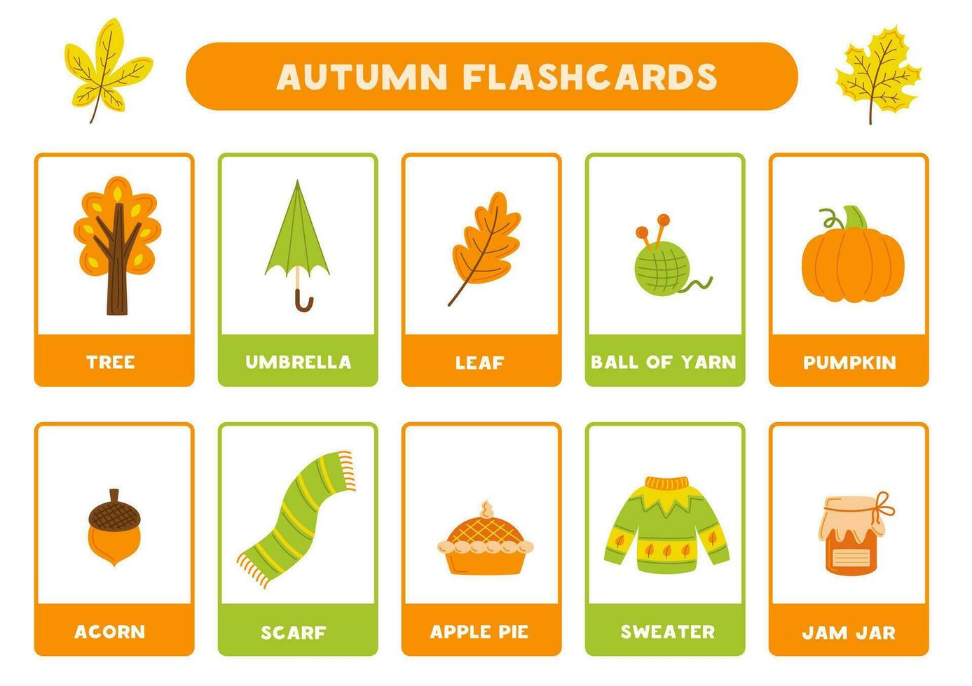 Cute autumn elements with names. Flashcards for learning English