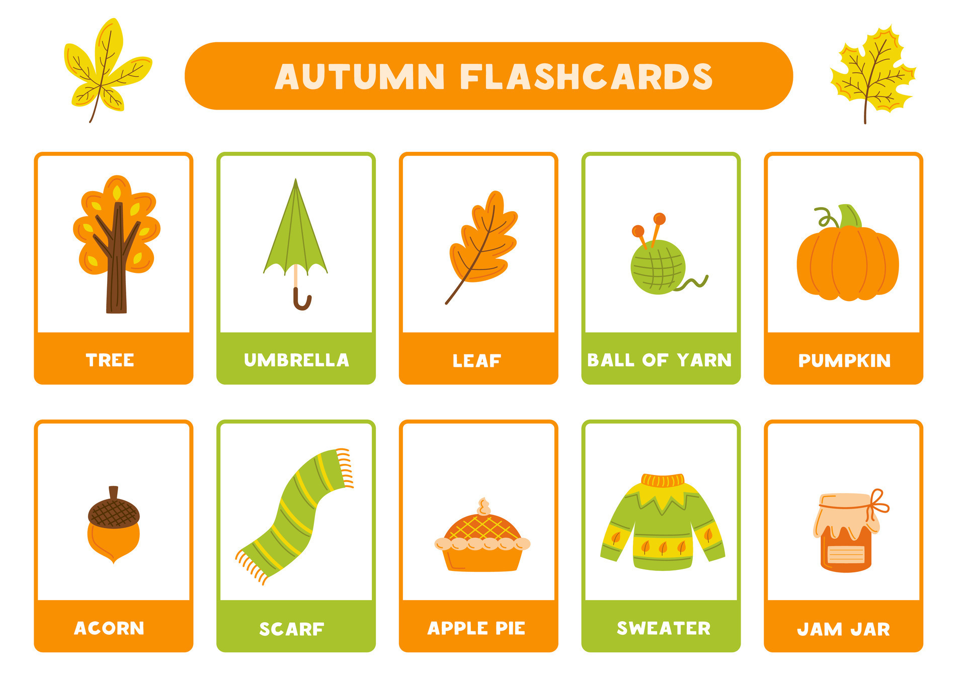 Cute Autumn Elements With Names Flashcards For Learning English cute-autumn-elements-with-names-flashcards-for-learning-english
