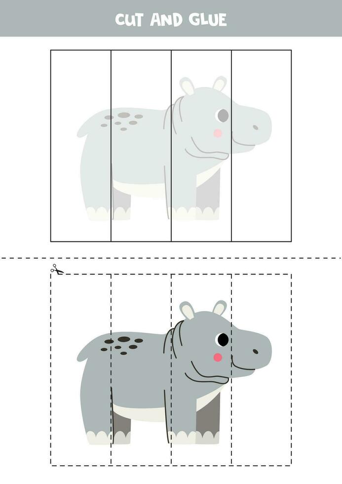 cortar y pegamento juego para niños. linda dibujos animados gris hipopótamo. vector