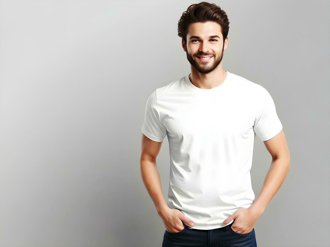 joven hombre vistiendo blanco blanco camiseta Bosquejo, diseño camiseta plantilla, impresión presentación Bosquejo. ai generado foto