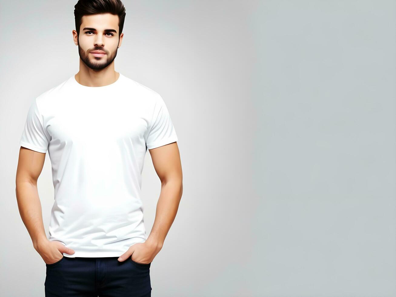 Young man wearing blank white t-shirt mockup, Design tshirt template, print presentation mock-up. Ai generated photo