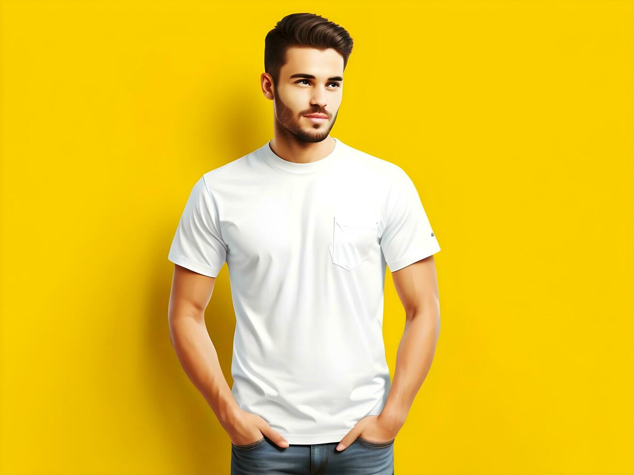 joven hombre vistiendo blanco blanco camiseta Bosquejo, diseño camiseta plantilla, impresión presentación Bosquejo. ai generado foto