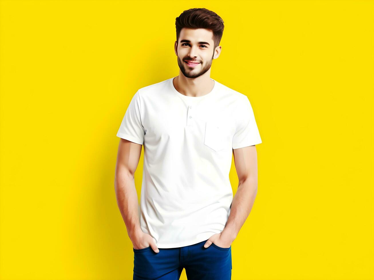 Young man wearing blank white t-shirt mockup, Design tshirt template, print presentation mock-up. Ai generated photo