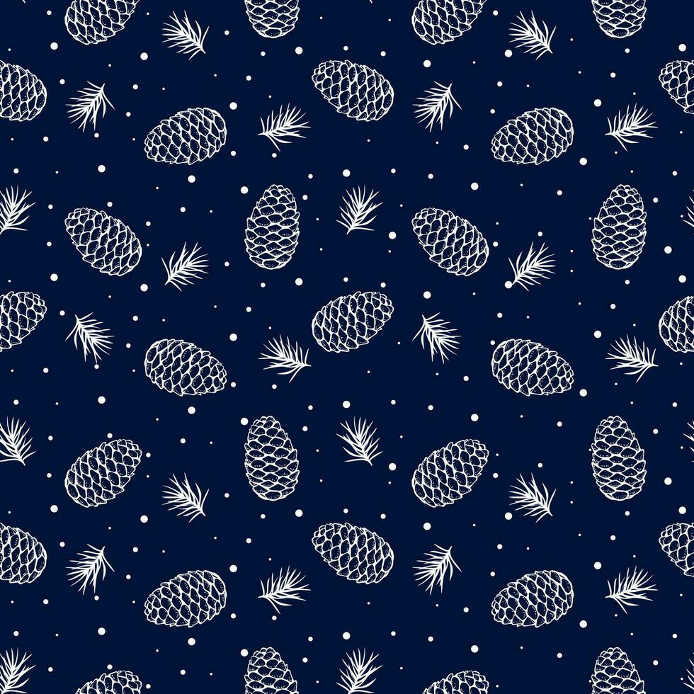 Seamless pattern with fir cone a pine branch and snow on blue background. Pattern for gift wrapping paper, textille vector