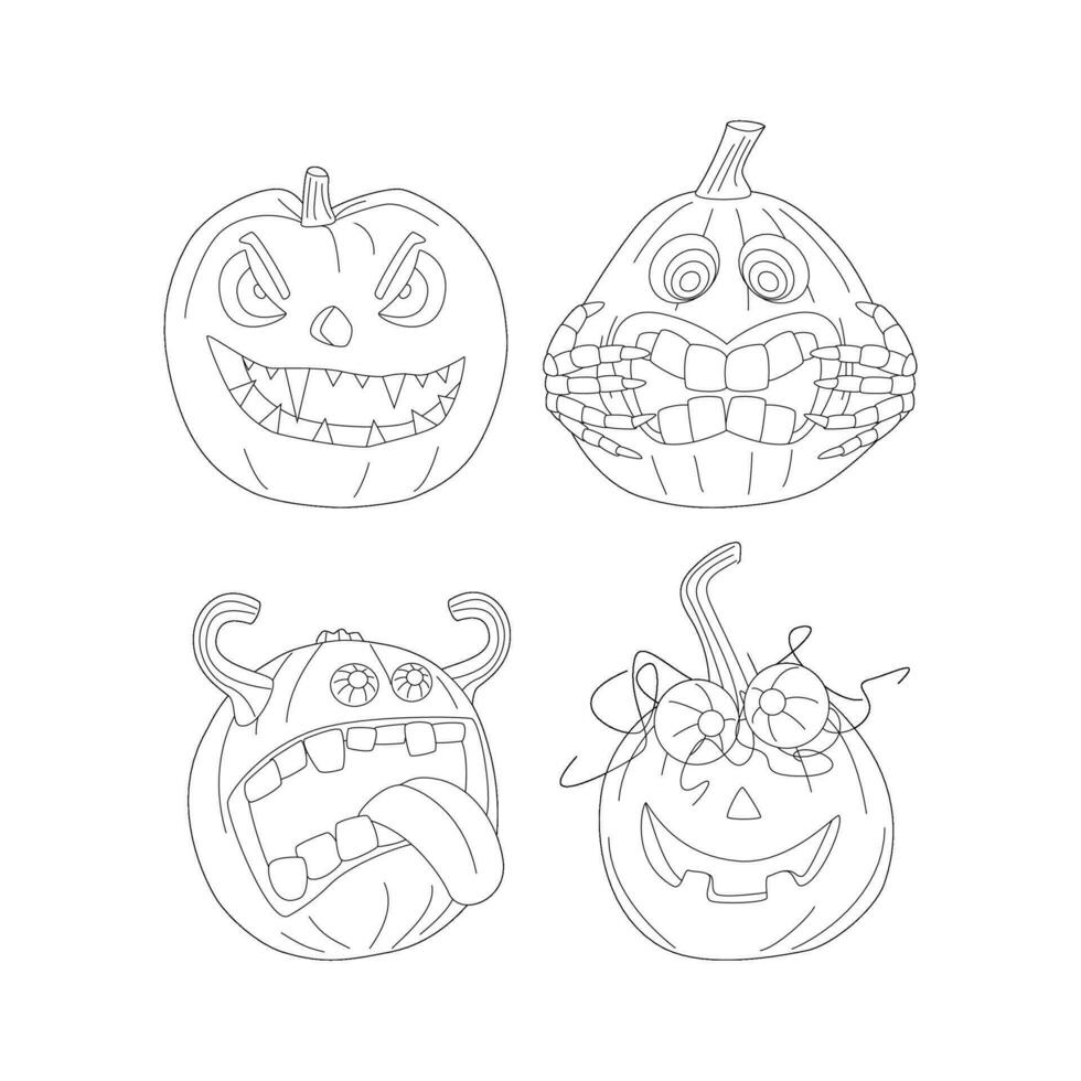 Set of Halloween pumpkins, autumn holiday. A pumpkin with a carved smile. Line art. vector