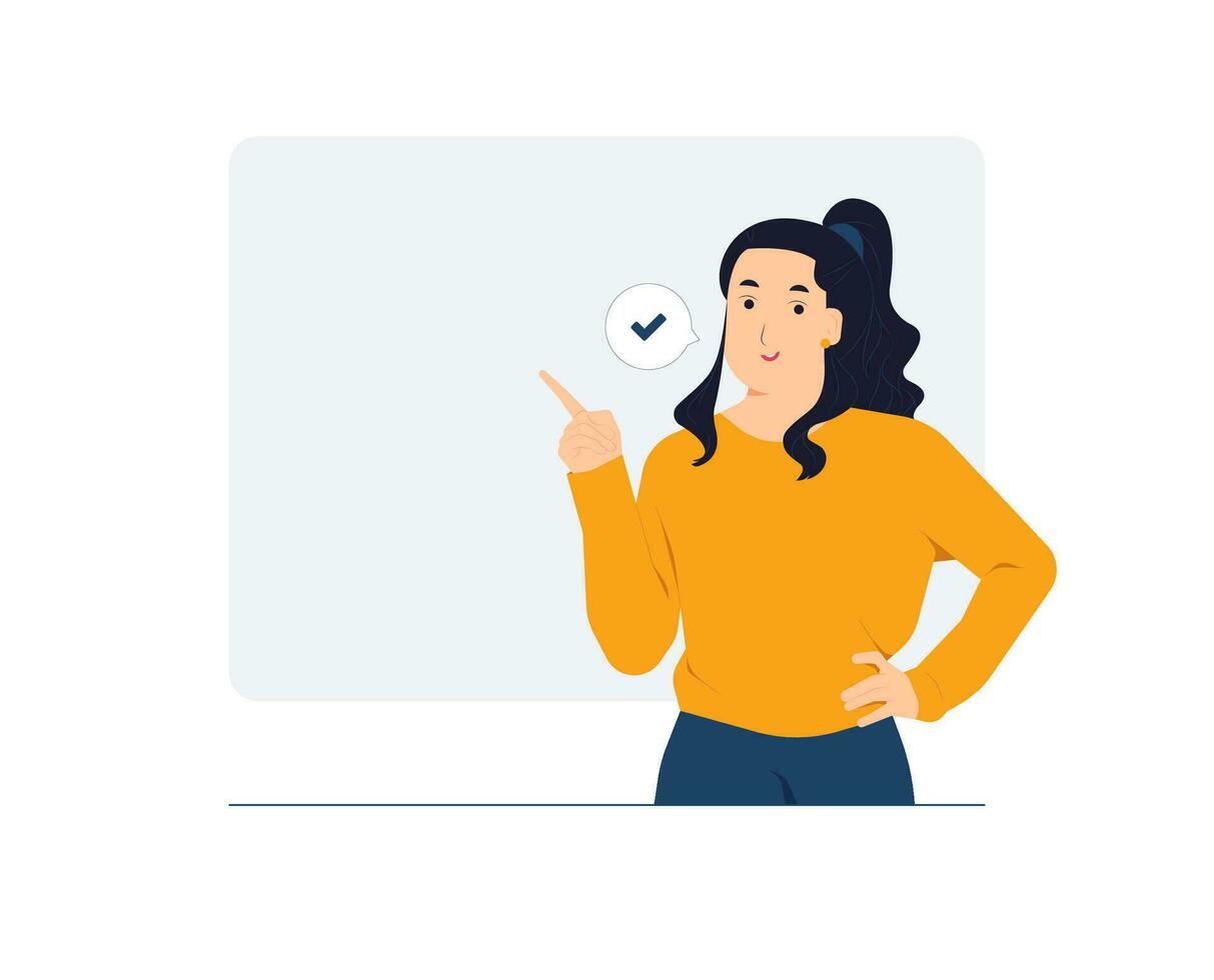 Woman pointing her hand index fingers upper left and right corner with happy expression and showing advices use this copy space wisely concept illustration vector