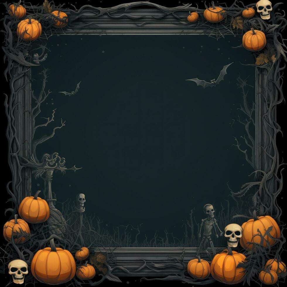 Halloween background with skulls and pumpkins border design photo