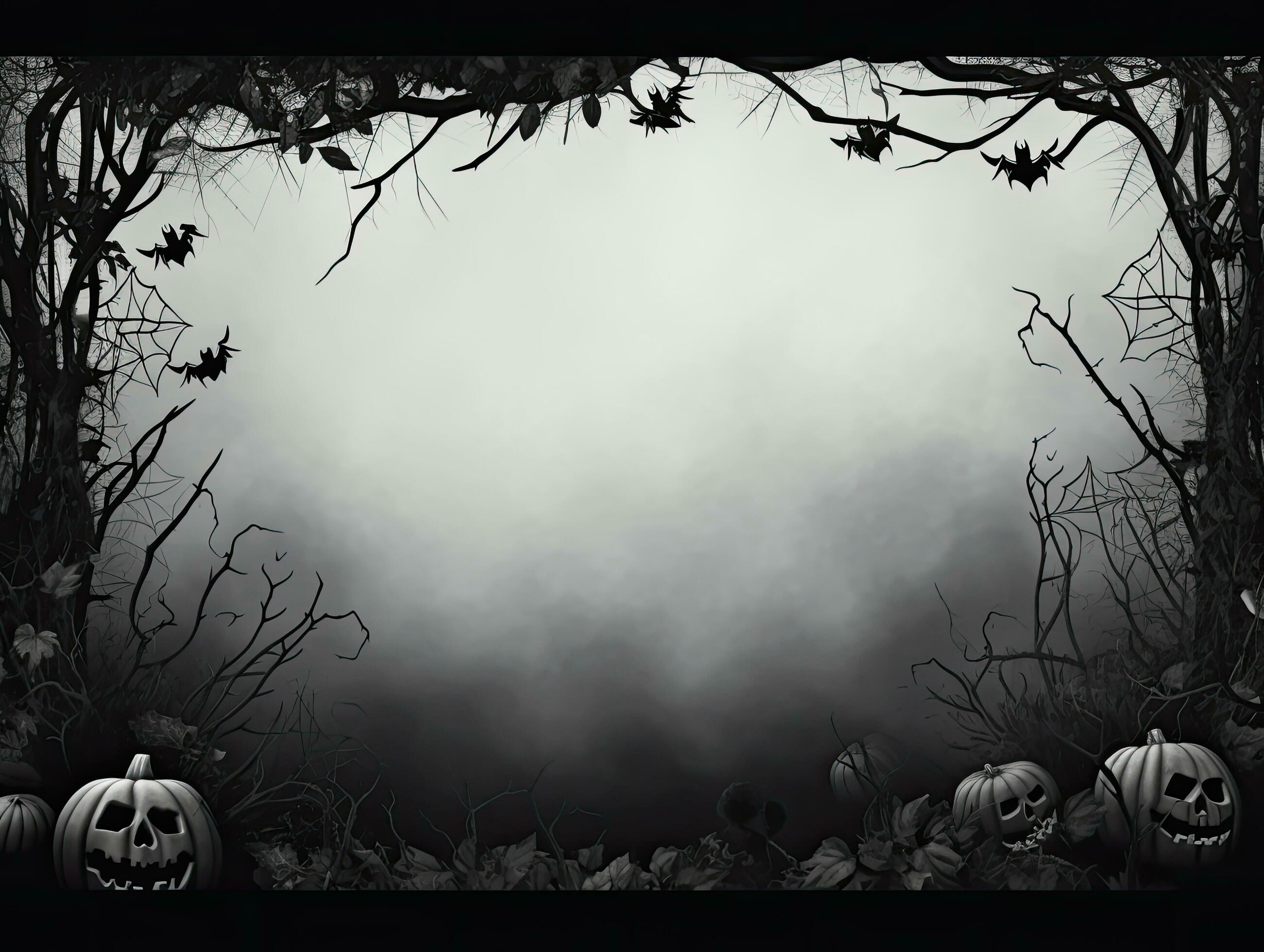 Spooky Halloween background with dead trees, jack o lanterns and bats