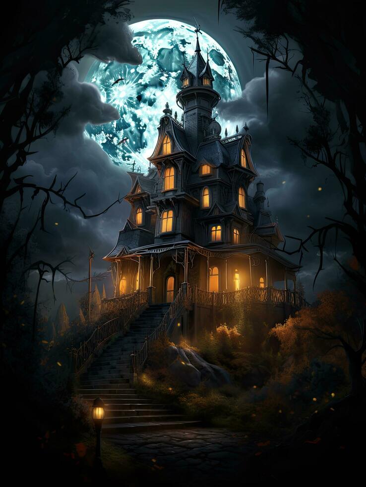 Halloween background with eerie castle against a moonlit sky photo