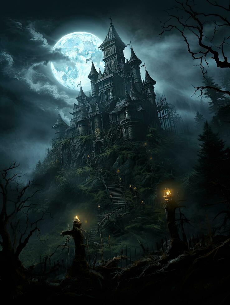 Spooky Halloween background with a castle on a hill against a moonlit sky photo