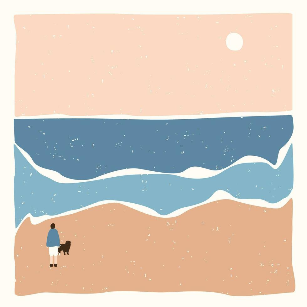 Alone man with a dog walks along the beach. Modern landscape ocean and beach. Back to nature. Abstract silhouette hills. Aesthetic mountains. Stock vector illustration.