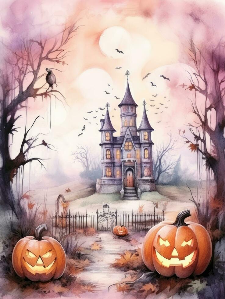 Watercolour painting of a Halloween landscape with castle and Jack O Lanterns photo
