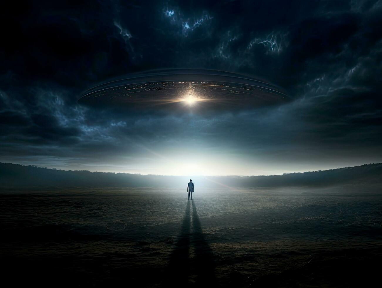 Alien abduction concept with UFO hovering above a person photo