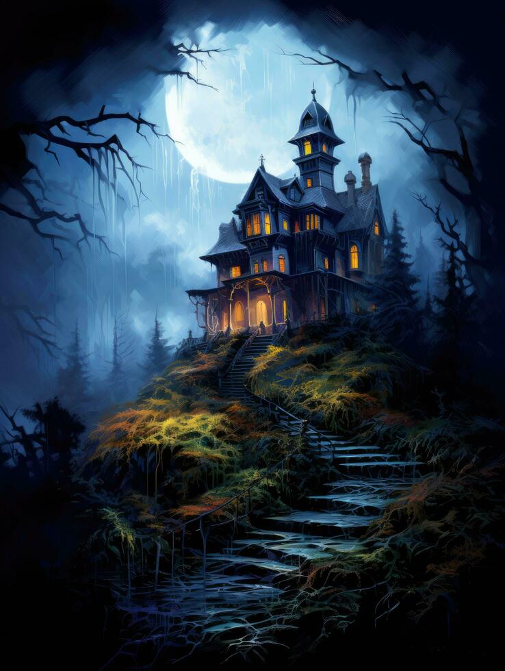 Spooky landscape with Halloween castle with glowing windows photo
