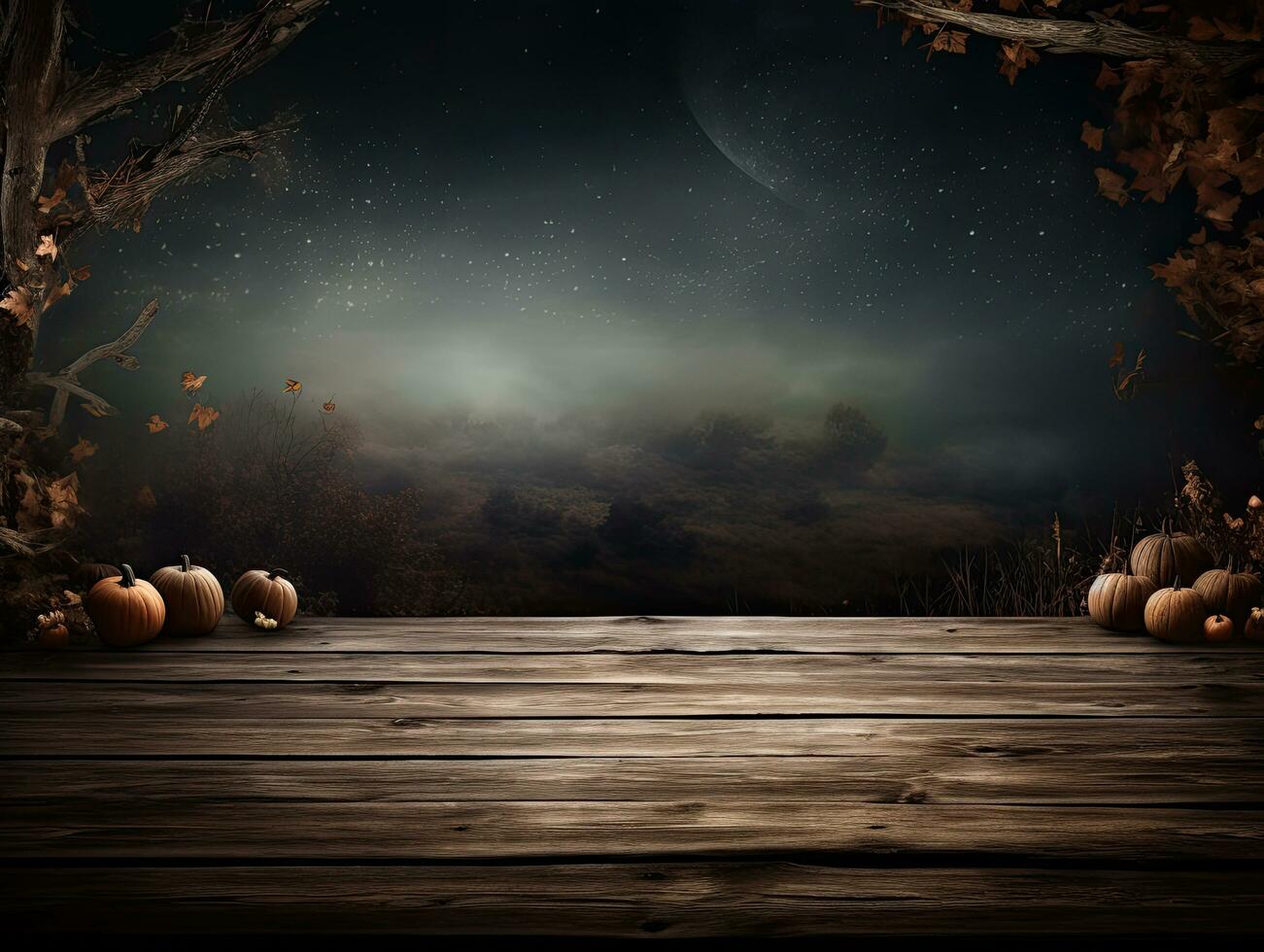Halloween background with pumpkins on a wooden table looking out to a dark foggy landscape photo