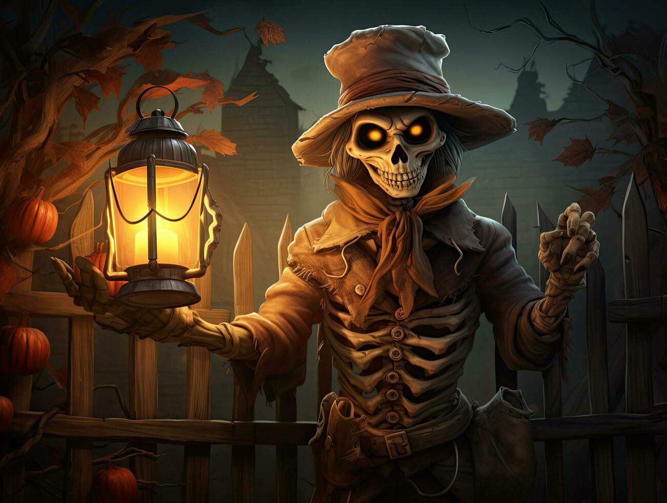 Halloween background with spooky skeleton holding lantern photo