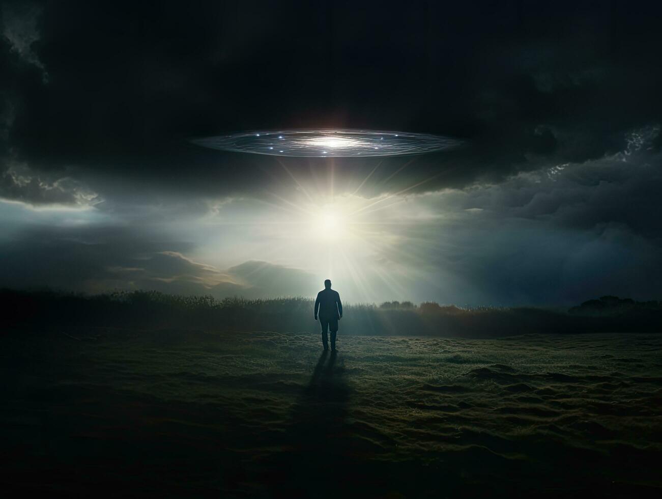 Image of a UFO hovering above a person in dramatic landscape photo