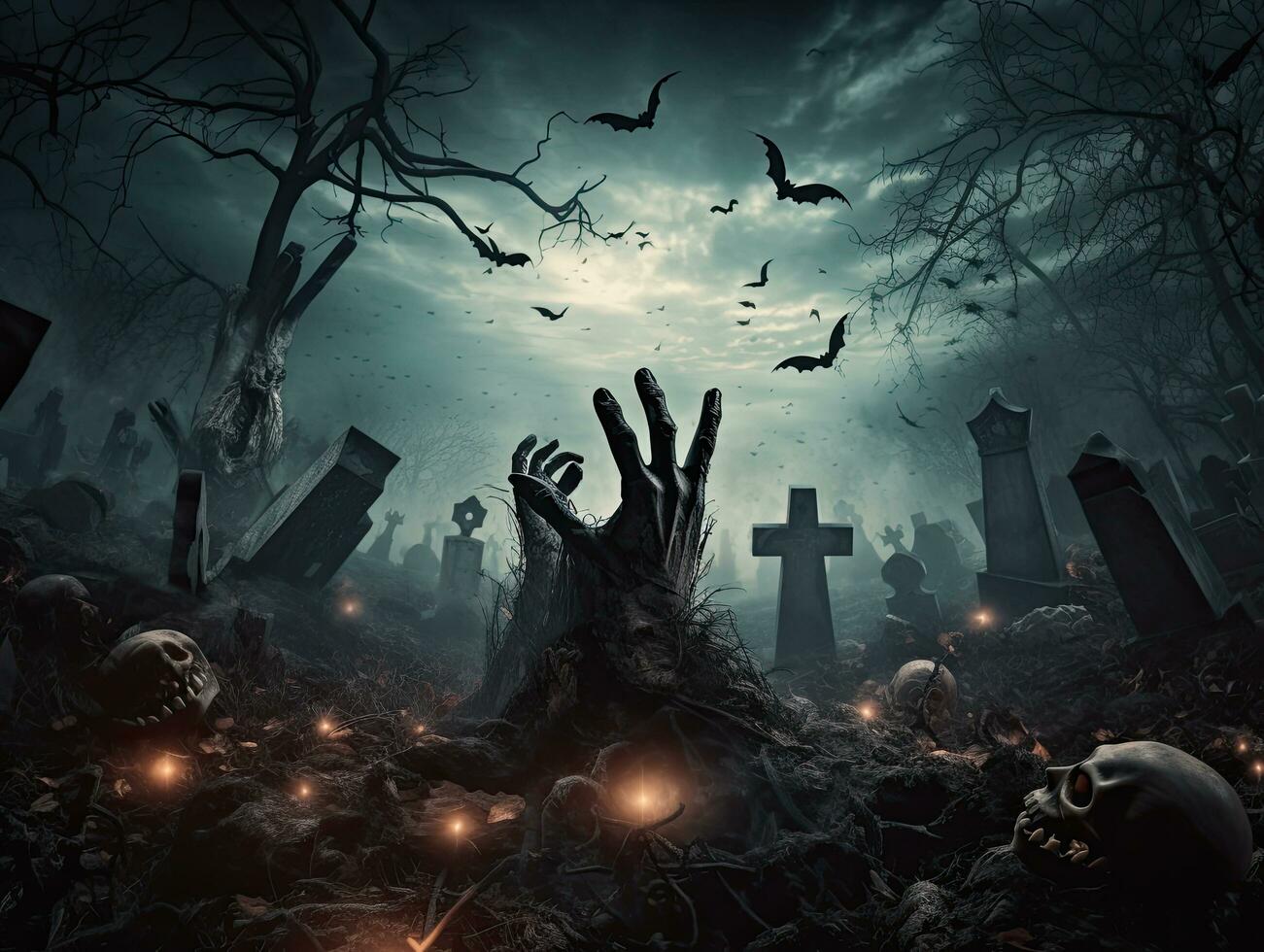 Halloween background with zombie hand erupting out of the ground photo