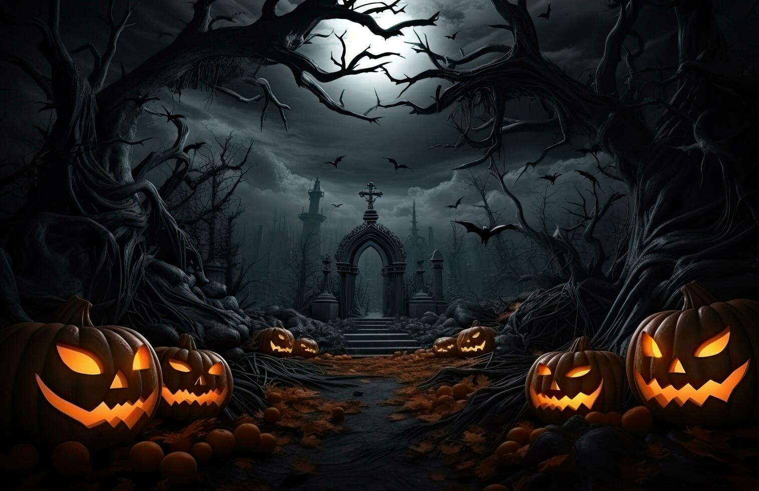 Spooky background for Halloween with twisted trees, Jack o lanterns and bats flying in the sky photo
