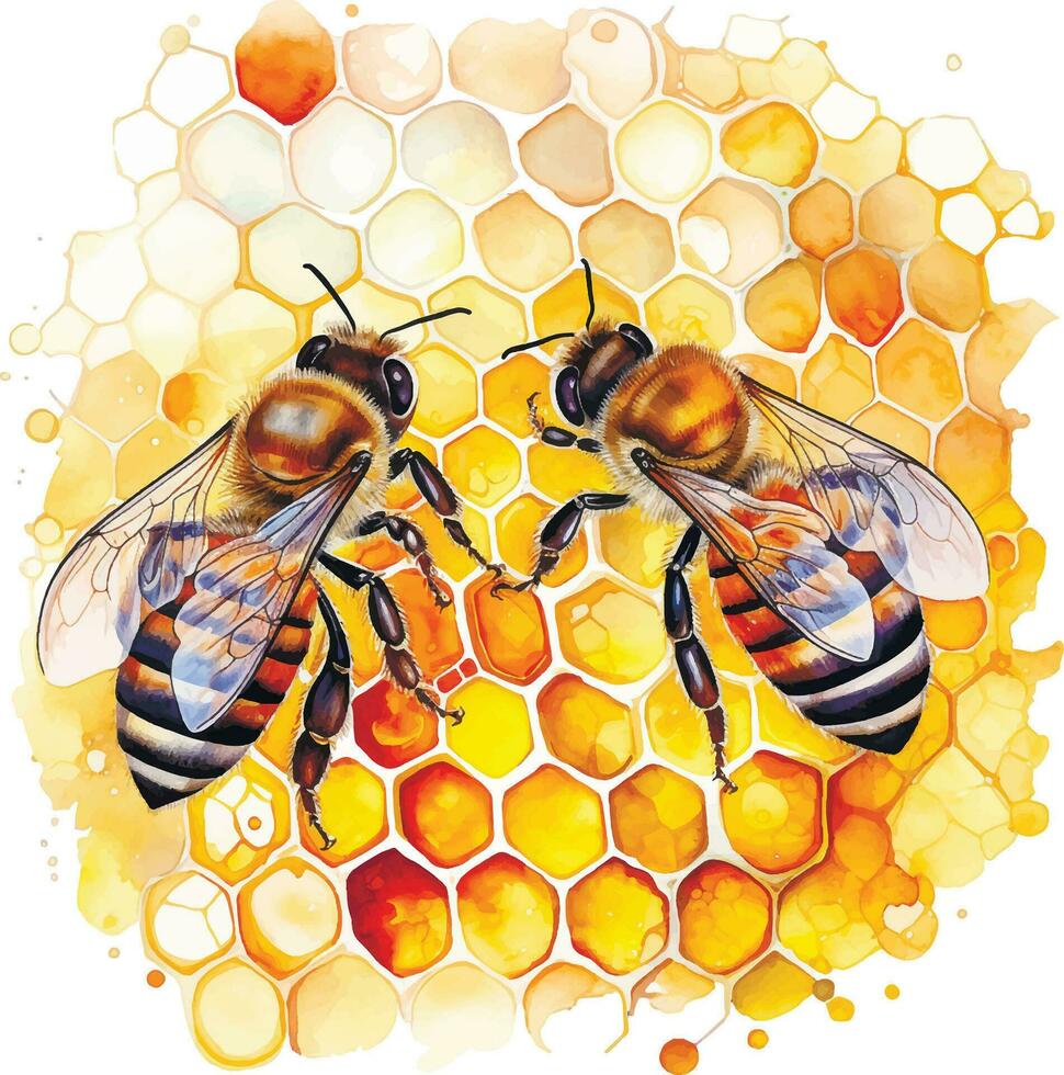 watercolor drawing. honeycombs and bees. illustration on the theme of beekeeping, farming, natural products vector