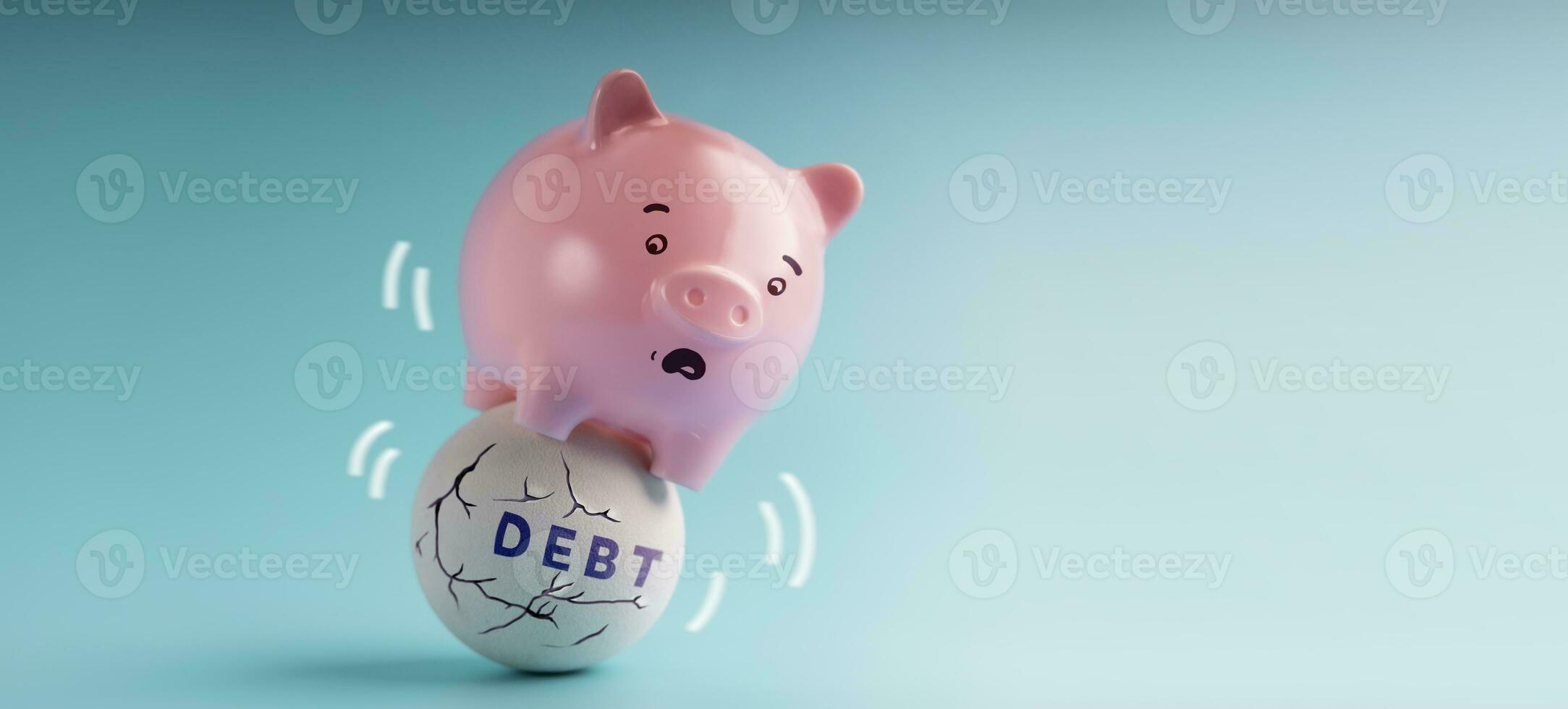 Debt Concepts. Economic Crisis. a Pink Piggy Bank in Shocked Face trying to balancing body on the Shaking Unstable Debt Ball photo