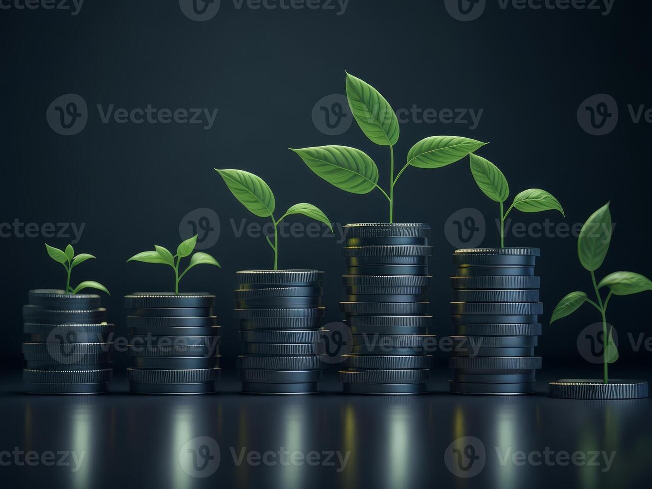 Row of stacks of coins with a plant growing, AI generated photo