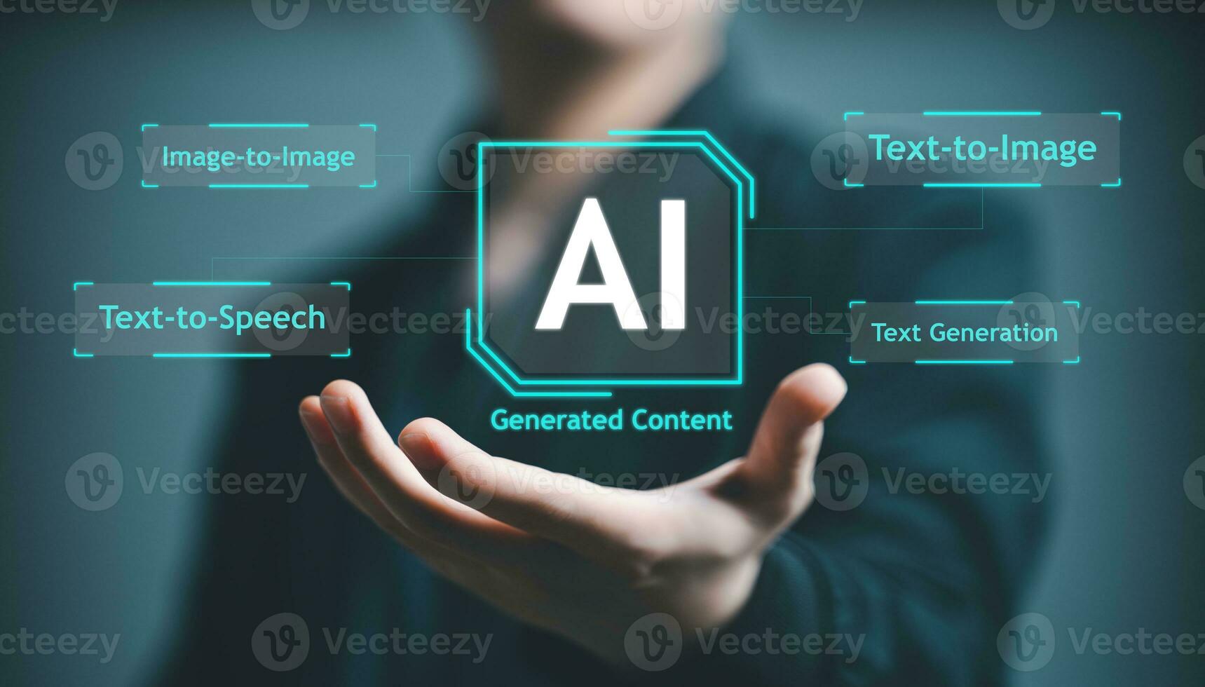 Business Man using hand AI, Artificial Intelligence to generate content. Text to image, speech, smart AI, by enter command prompt for generates something, Futuristic technology transformation. photo