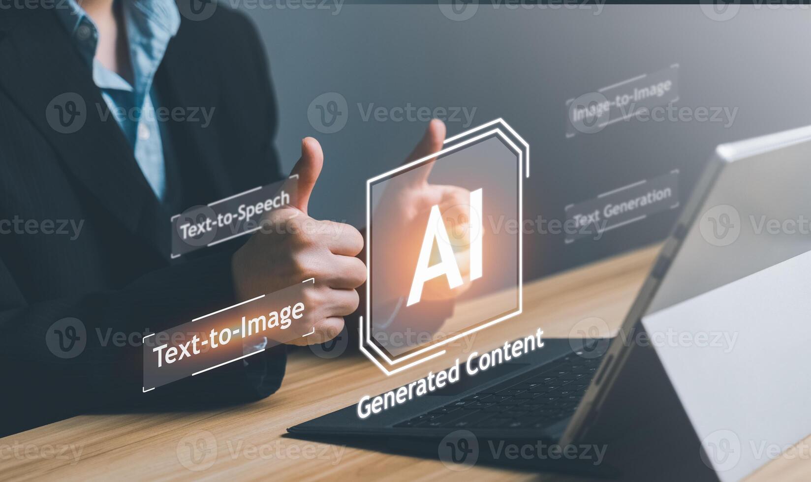 AI, Artificial Intelligence, content Concept. Artist Man using AI Art to generate image content. Text to image command prompt generates, technology Business, futuristic transformation. photo