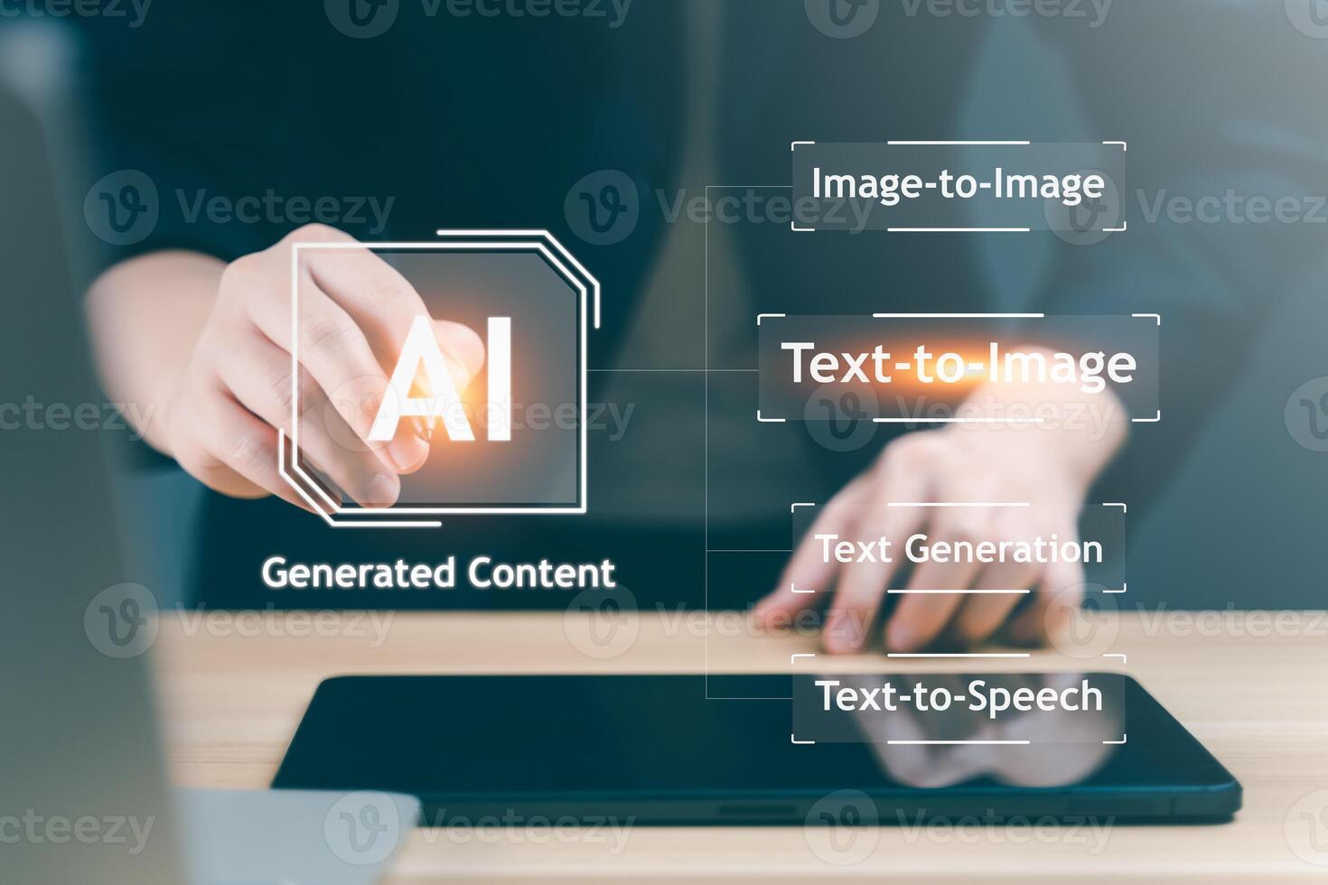 AI, Artificial Intelligence, content Concept. Artist Man using AI Art to generate image content. Text to image command prompt generates, technology Business, futuristic transformation. photo