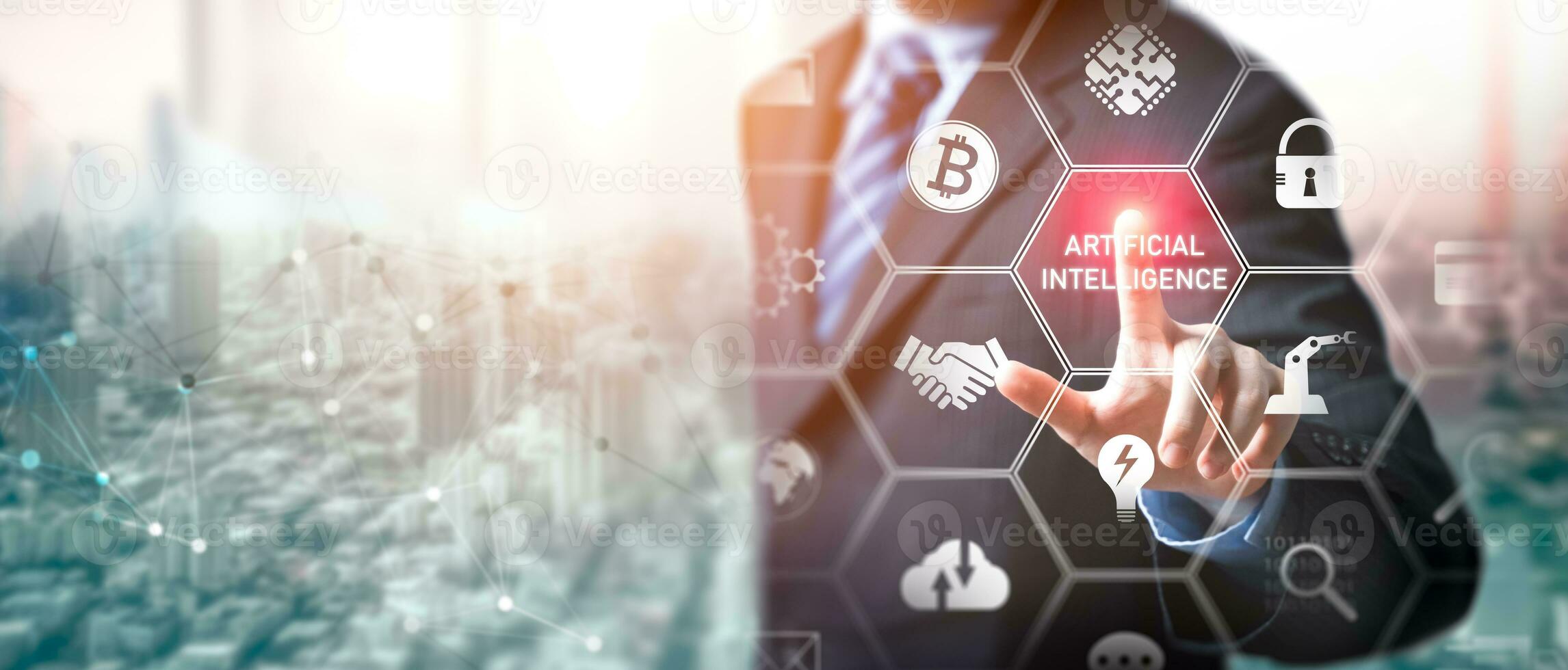 Businessman touching on ai technology on smart screen with double exposure of city background. Artificial Intelligence AI, machine learning, digital marketing, Financial and innovation Concept. photo
