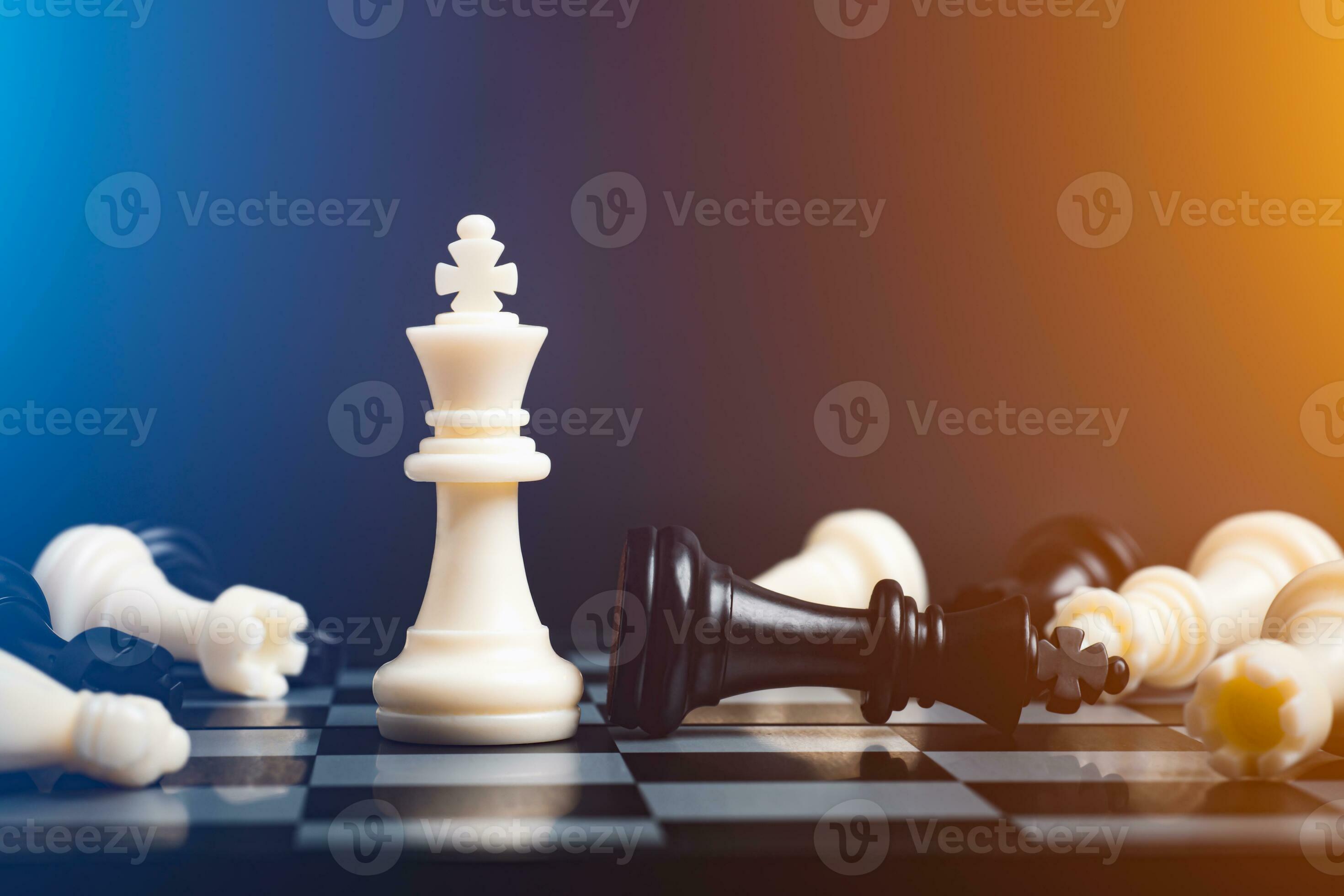 Investment Leadership Concept : The king chess piece with chess others  nearby go down from floating board game concept of business ideas and  competition and strategy plan success meaning. Stock Photo