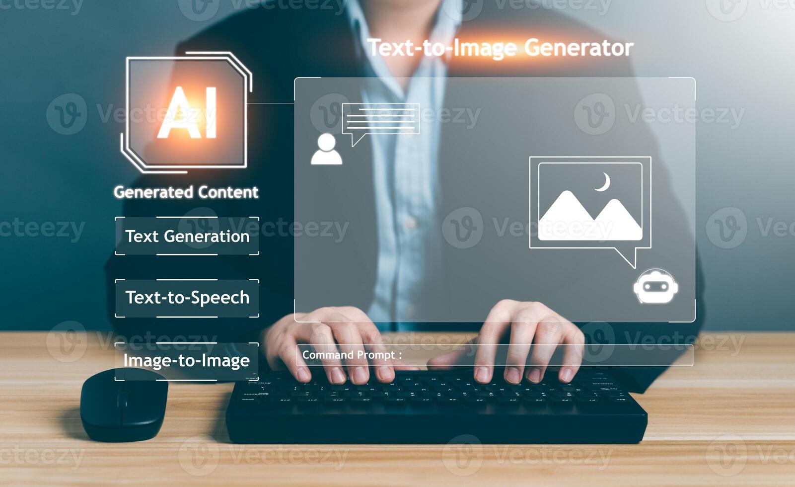 AI, Artificial Intelligence, content Concept. Artist Man using AI Art to generate image content. Text to image command prompt generates, technology Business, futuristic transformation. photo