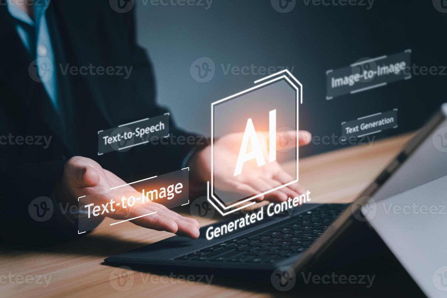 AI, Artificial Intelligence, content Concept Businessman Man using AI Art to generate image content. Text to image command prompt generates, technology Business, futuristic transformation photo