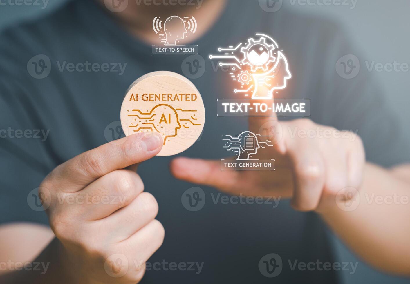 AI, Artificial Intelligence content Concept. Artist Man using AI Art, Artificial Intelligence to generate image. Text to image command prompt generates, technology Business transformation photo