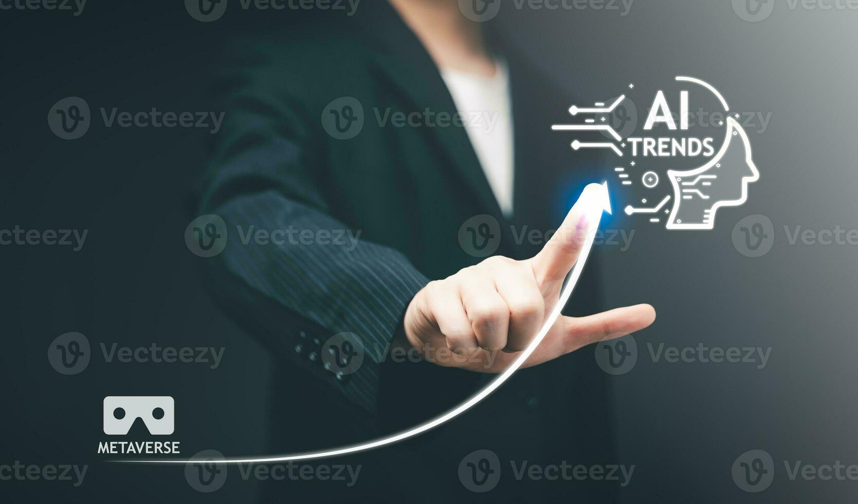 Businessman hand use magnifying glass Search for Ai Trends information. Using Search Console for Trends data, info, Searching On Virtual Screen Data Search Technology Search Engine Optimization. photo