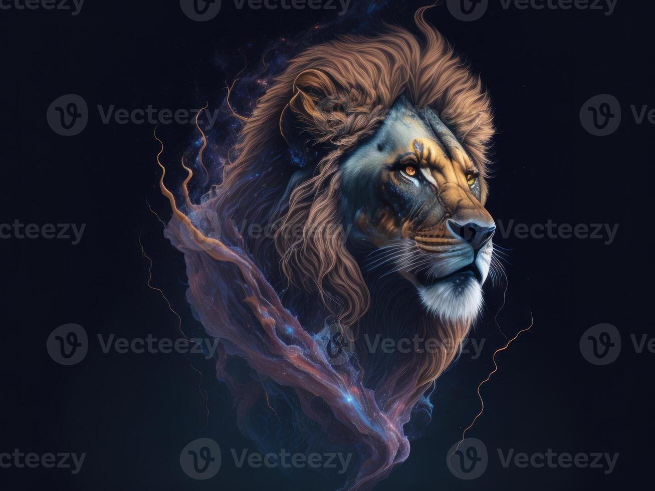 Art of lion in space nebula, AI generated photo