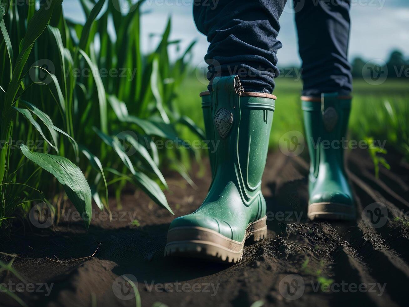 Farmers feet in rubber boots, AI generated photo